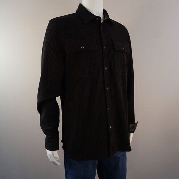 Karl Lagerfeld Men Sz L Shirt Jacket Black Ribbed Knit Snap Buttons Leather Trim - Picture 3 of 12